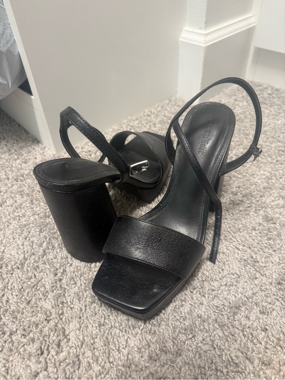 Black Leather Block Heel Slingback Sandals